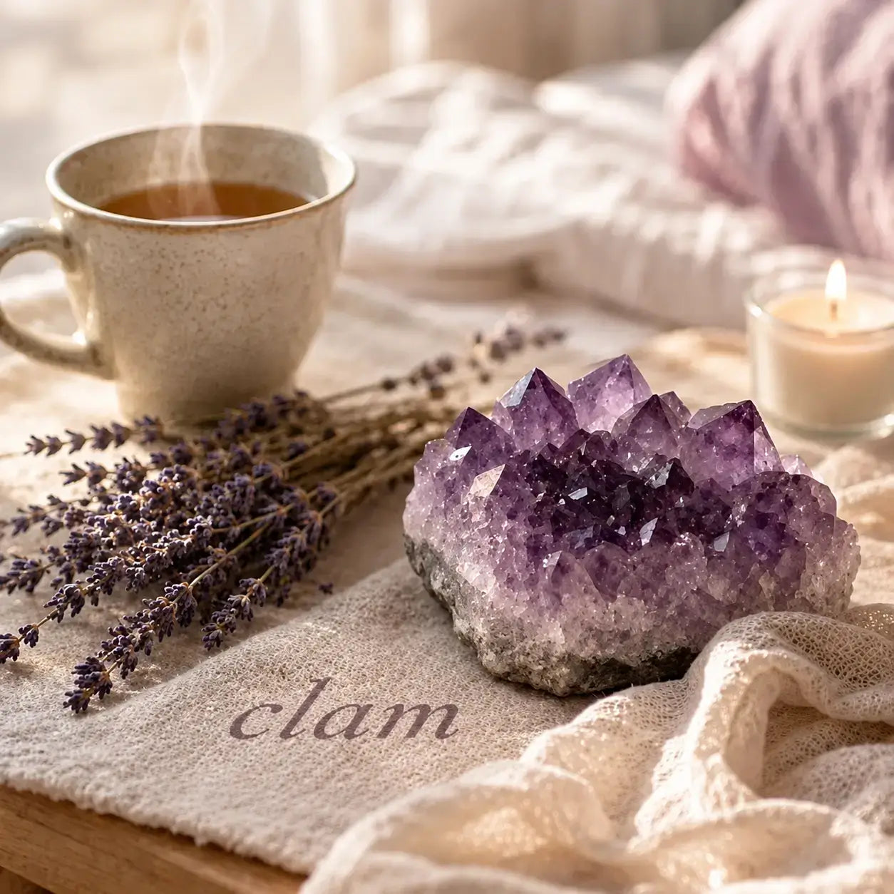 AURA Amulet calming amethyst geode cluster with lavender and tea to promote peaceful sleep and calm energy.