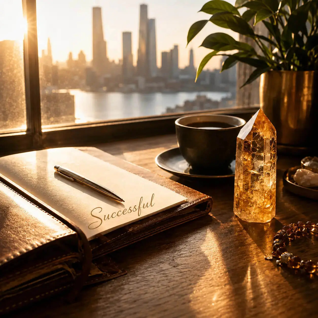 AURA Amulet golden citrine crystal point on desk with journal, symbolizing prosperity, wealth, and success.