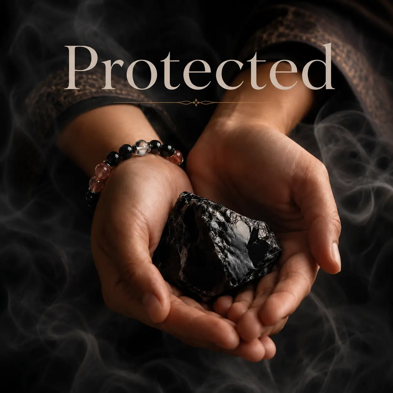 AURA Amulet hands holding raw black obsidian stone with smoke for mystical protection and energy shielding.