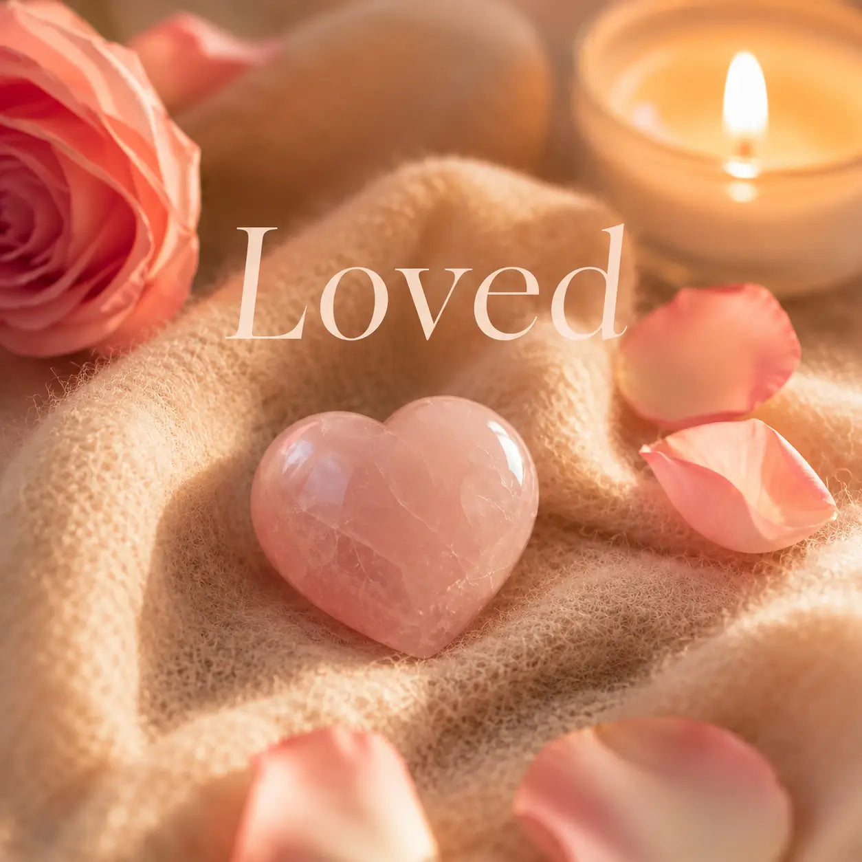 AURA Amulet rose quartz heart stone with rose petals for self-love and attracting romantic energy.