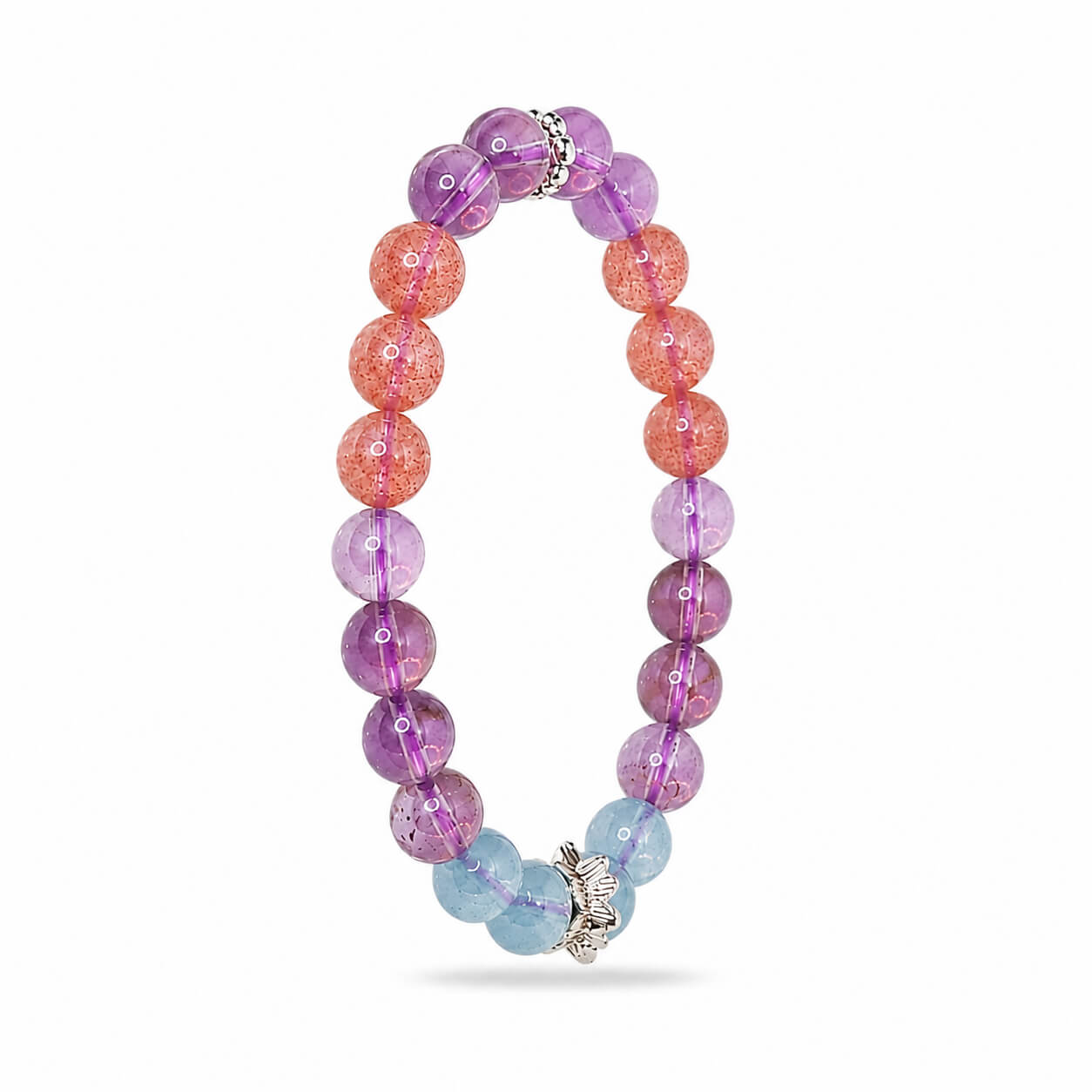 AURA Amulet energy clearing amethyst and aquamarine crystal bracelet angled on white.