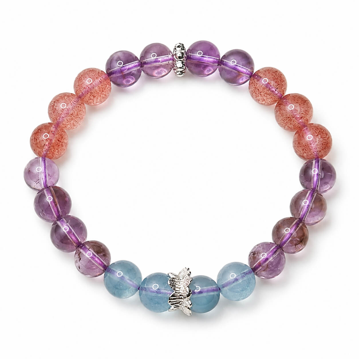 AURA Amulet crystal bracelet for women with Strawberry, Amethyst and Aquamarine on white background.