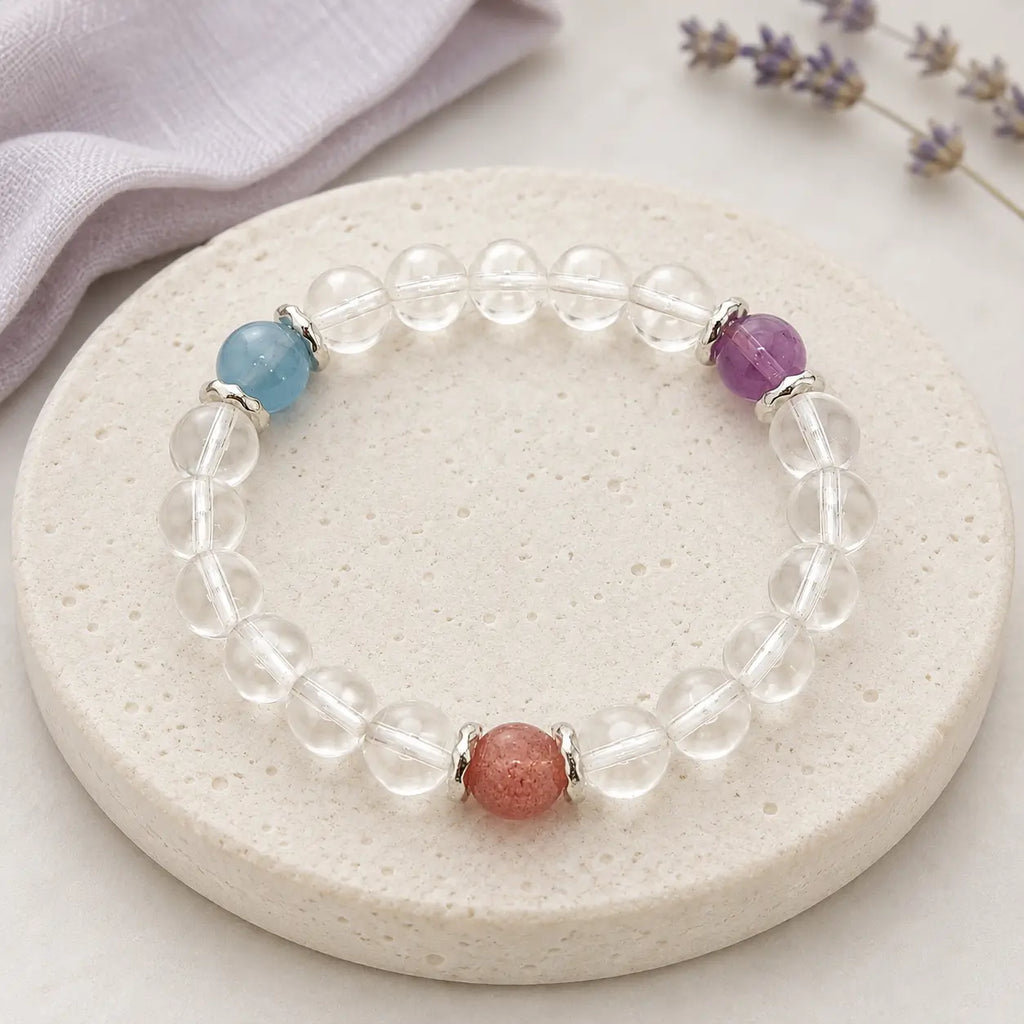 AURA Amulet clear crystal quartz bracelet with amethyst calming stone and lavender, for sleep and serenity.