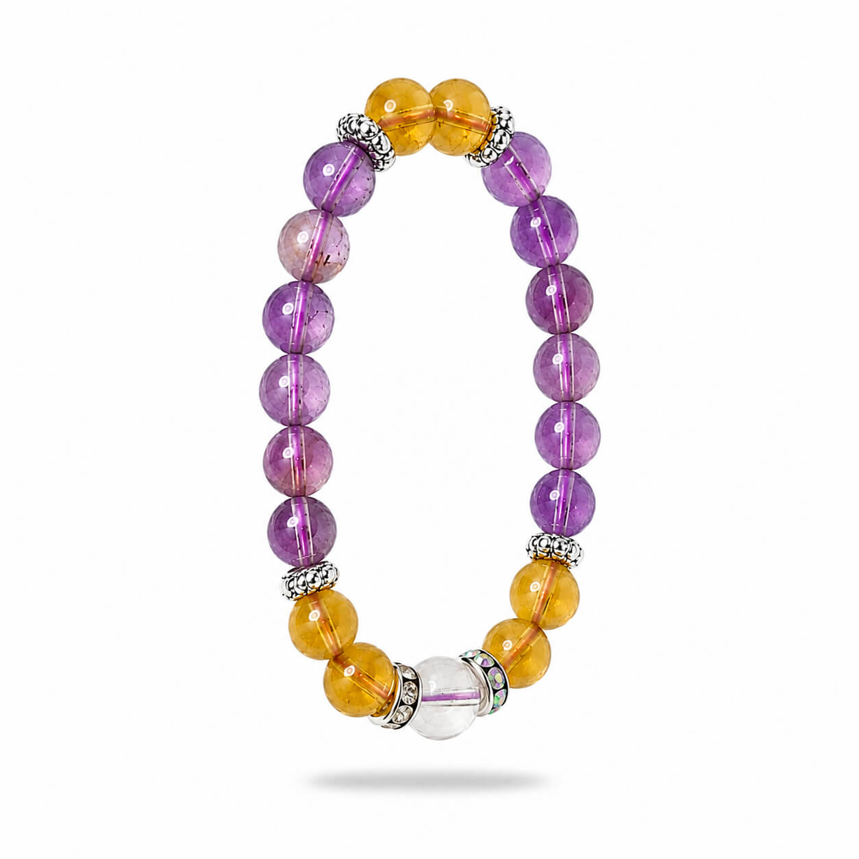 Stress relieving amethyst and citrine crystal bracelet elegantly angled on a white background to highlight beads.