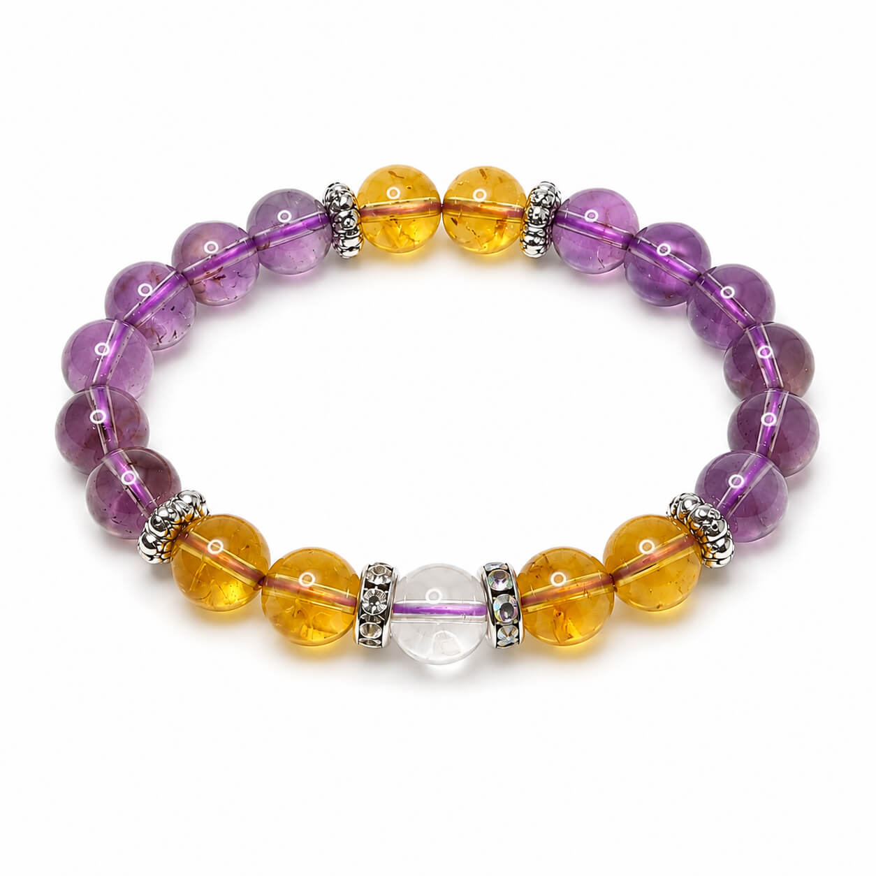 Natural amethyst and citrine crystal bracelet laid flat on a clean white background for a minimalist showcase.