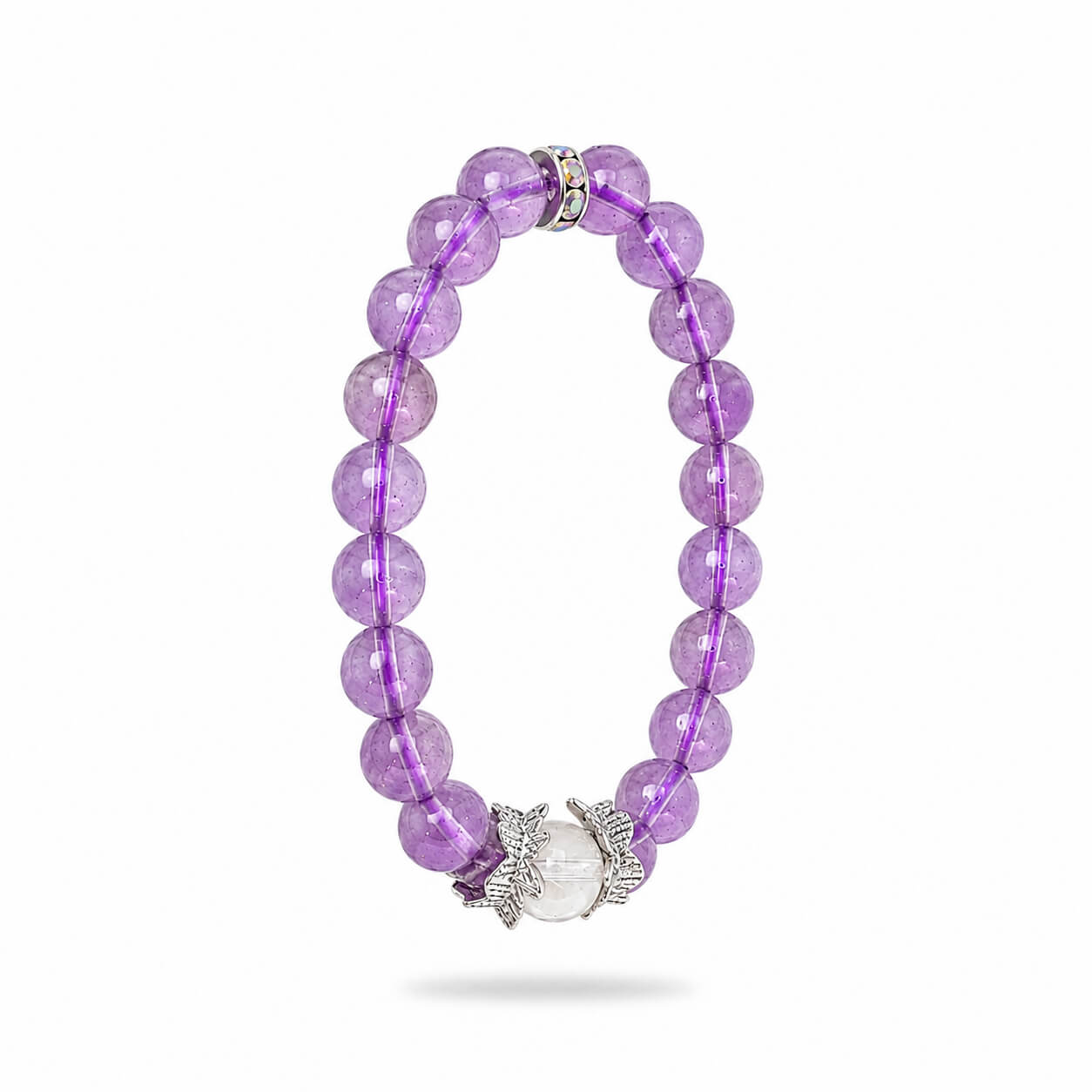 AURA Amulet amethyst crystal bracelet angled view highlighting the clear quartz and angel wings. 