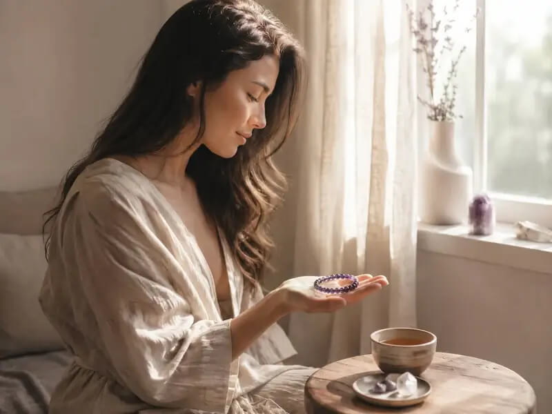 AURA Amulet amethyst bracelet held in hands during a mindful morning ritual for inner calm and healing.