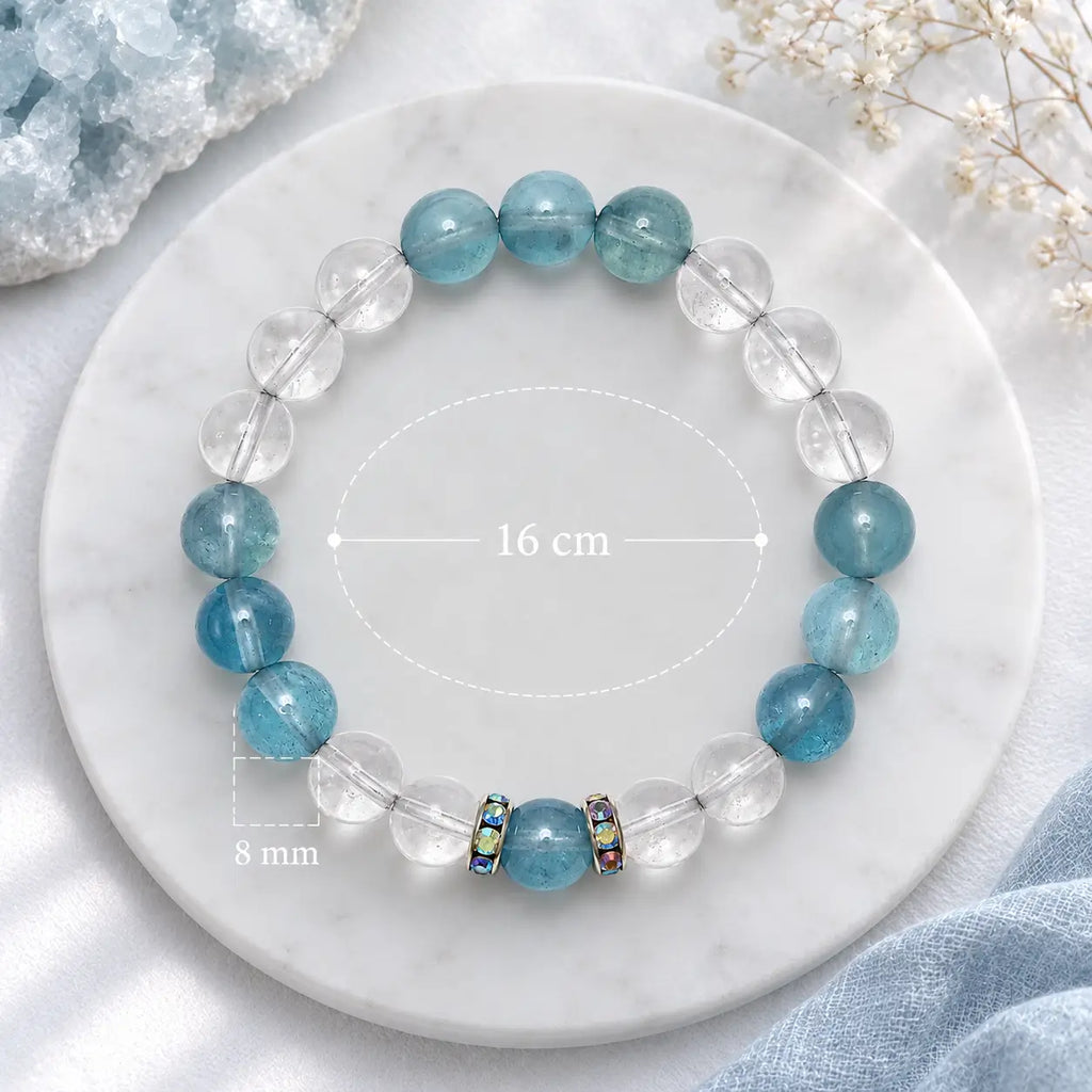 Aquamarine crystal bracelet size guide showing 8 mm beads and 16 cm bracelet fit