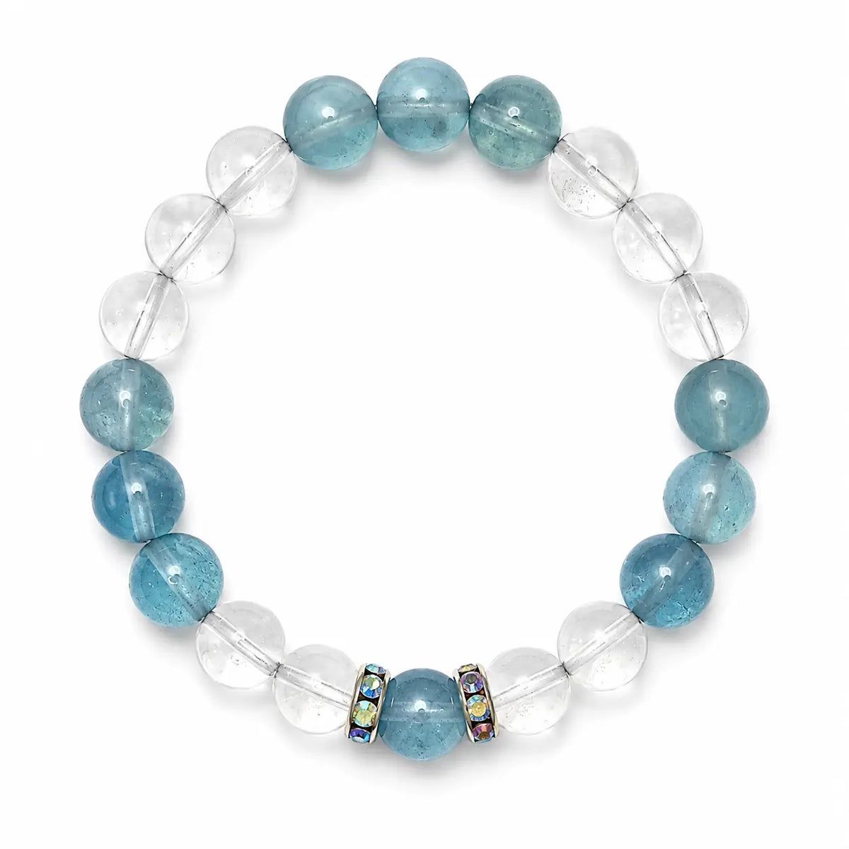 Aquamarine crystal bracelet with clear quartz beads in a round white background flat lay