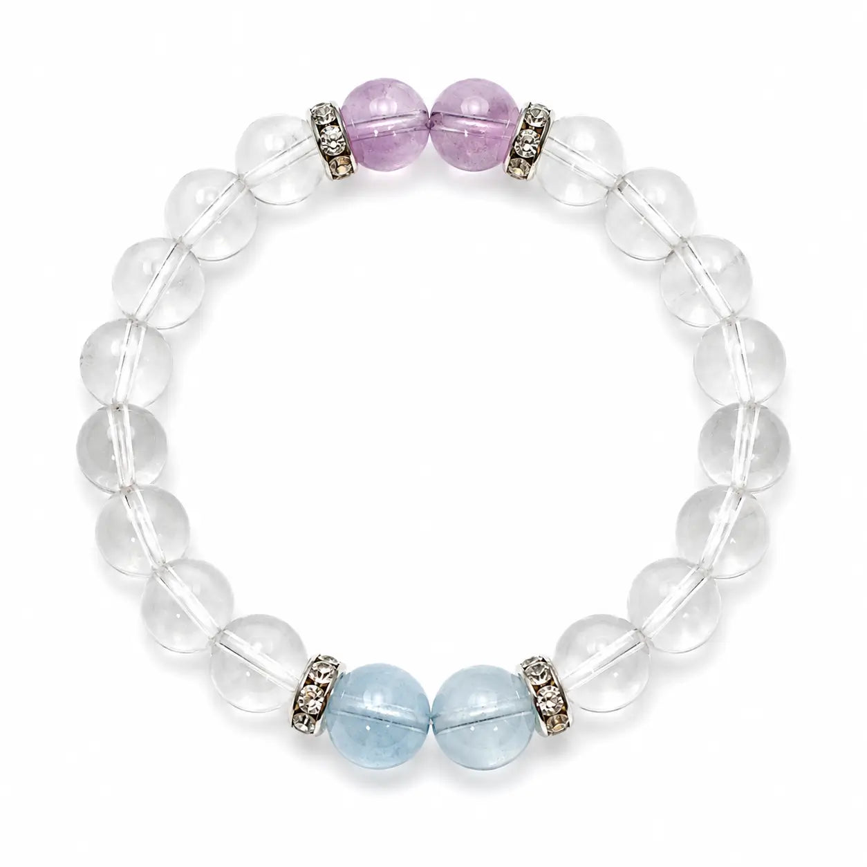 AURA Amulet clear quartz crystal bracelet featuring amethyst and aquamarine laid flat on clean white.