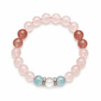 AURA Amulet crystal bracelets with rose quartz and aquamarine natural stone, displayed flat on white background. 