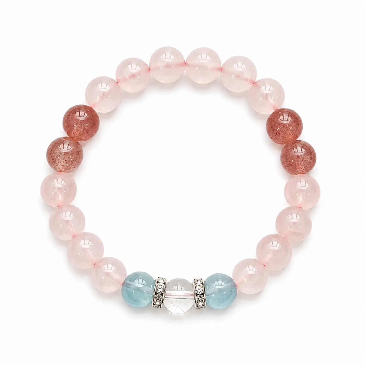AURA Amulet crystal bracelets with rose quartz and aquamarine natural stone, displayed flat on white background. 