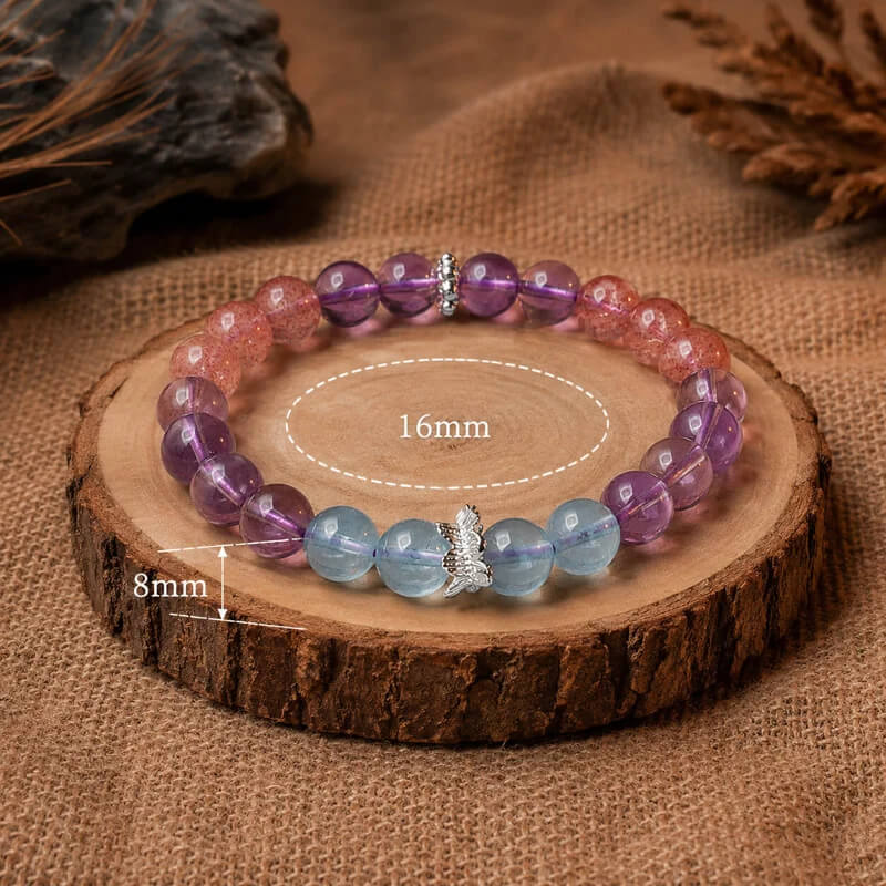 AURA Amulet crystal bracelet for women on wood slice, 8mm bead size guide for love and attraction. 