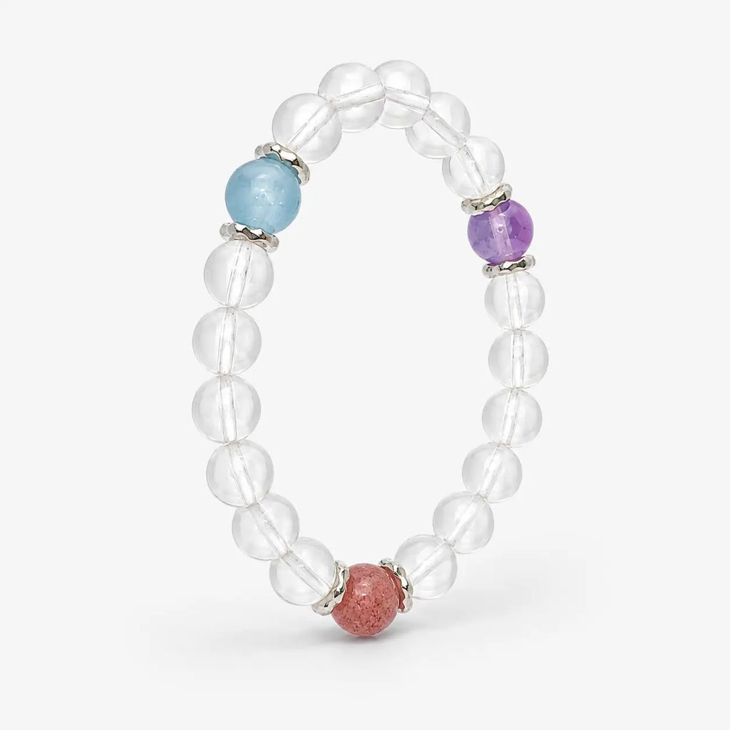 AURA Amulet angled clear crystal quartz bracelet with aquamarine, amethyst calming stone and strawberry quartz.