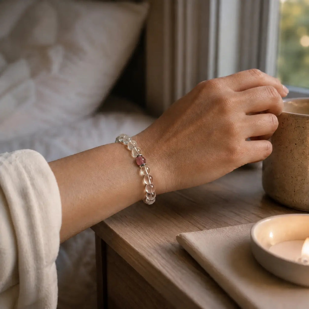AURA Amulet crystals for calming anxiety worn on wrist with tea and candle, promoting quiet balance