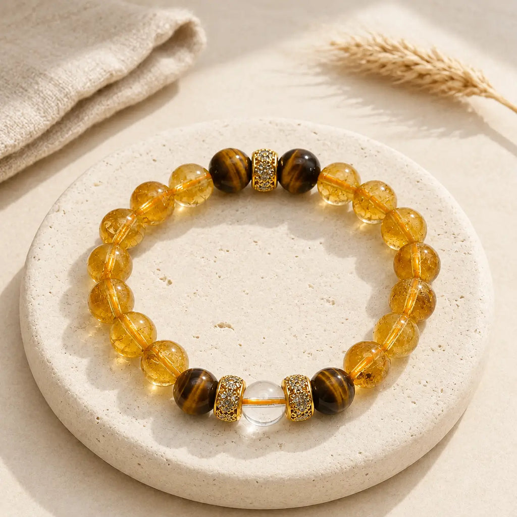 AURA Amulet Golden Clarity citrine bracelet with tiger stone and clear quartz on stone for luck and success. 
