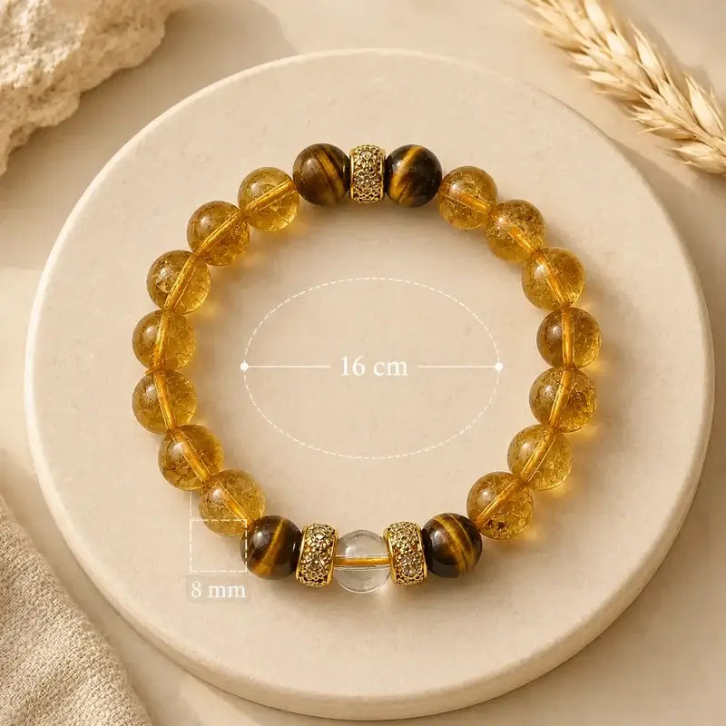 AURA Amulet Golden Clarity bracelet size guide with 8mm beads and 16cm inner loop.