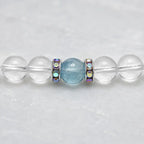 Close-up of aquamarine, clear quartz crystal beads and silver rhinestone spacers