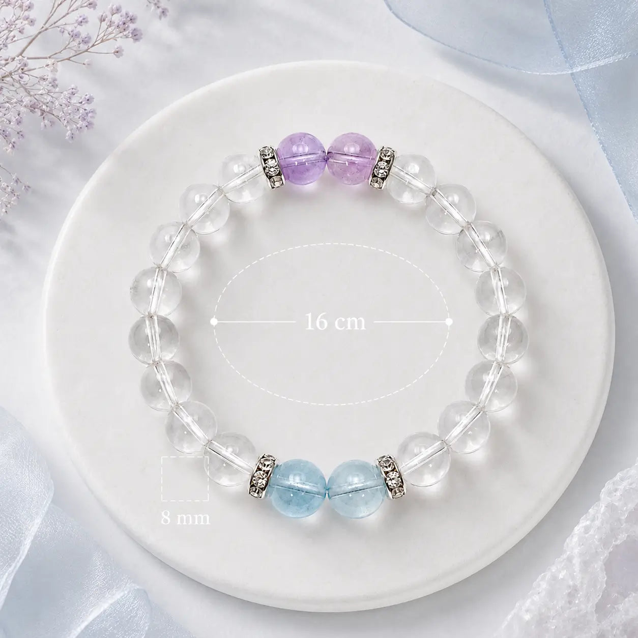 AURA Amulet clear quartz crystal bracelet size guide with 8mm beads and 16cm inner loop. 