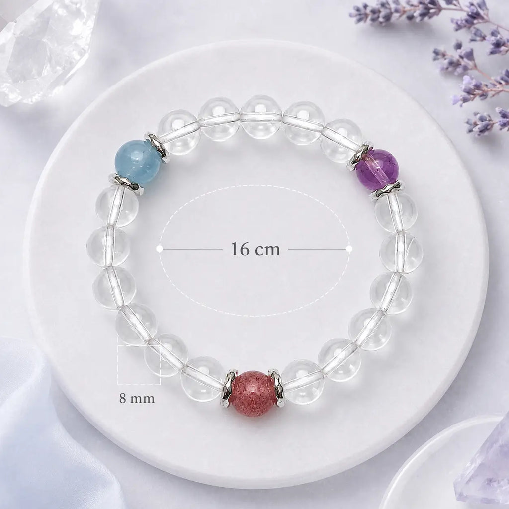 AURA Amulet quiet balance bracelet size guide with 8mm beads and 16cm loop, a triple protection bracelet. 