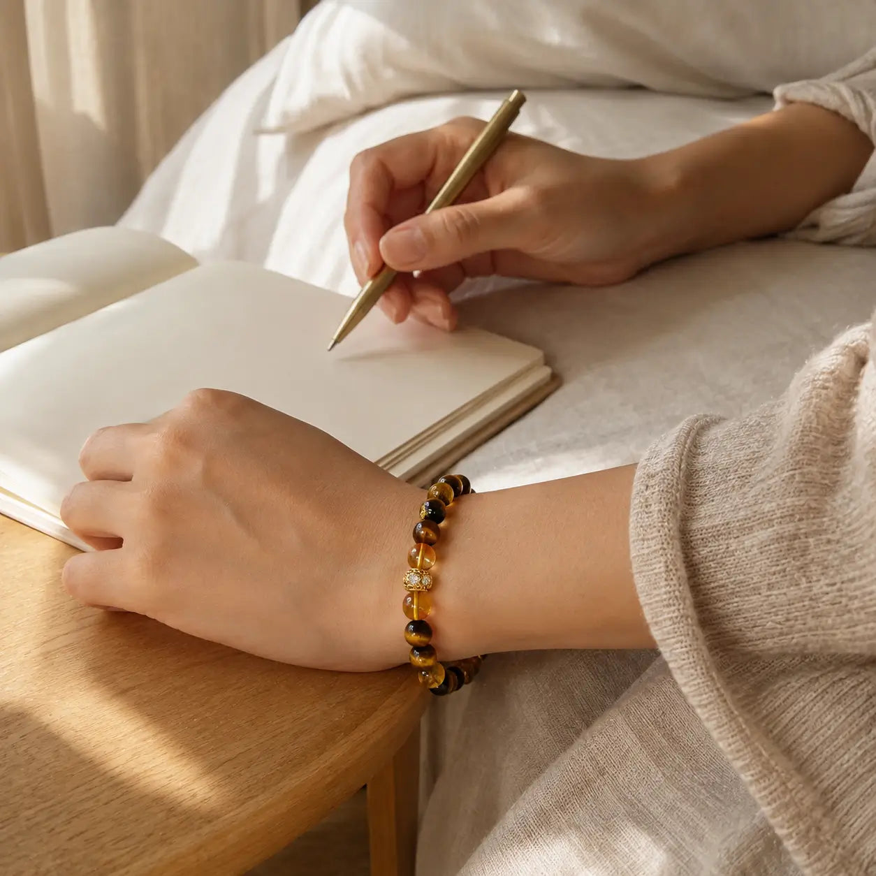AURA Amulet golden healer bracelet worn while writing in journal, symbolizing crystals for money and success. 