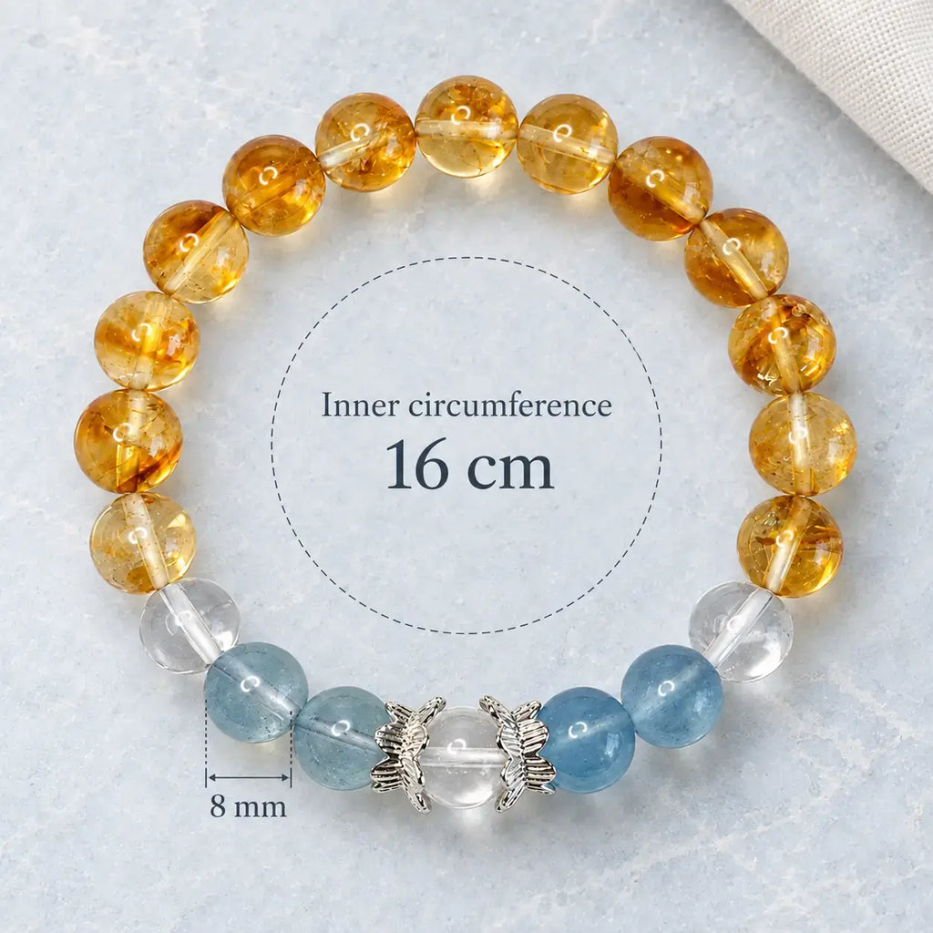 Citrine and aquamarine bracelet size guide showing a 16 cm inner circumference and 8 mm bead diameter.