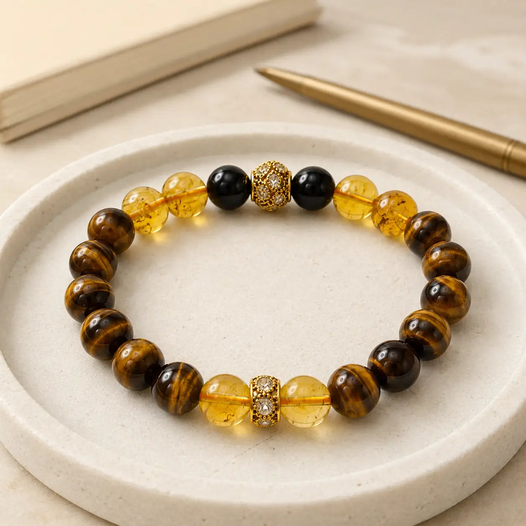 AURA Amulet Golden Momentum tiger eye stone bracelet with citrine and obsidian, a golden healer bracelet for success.