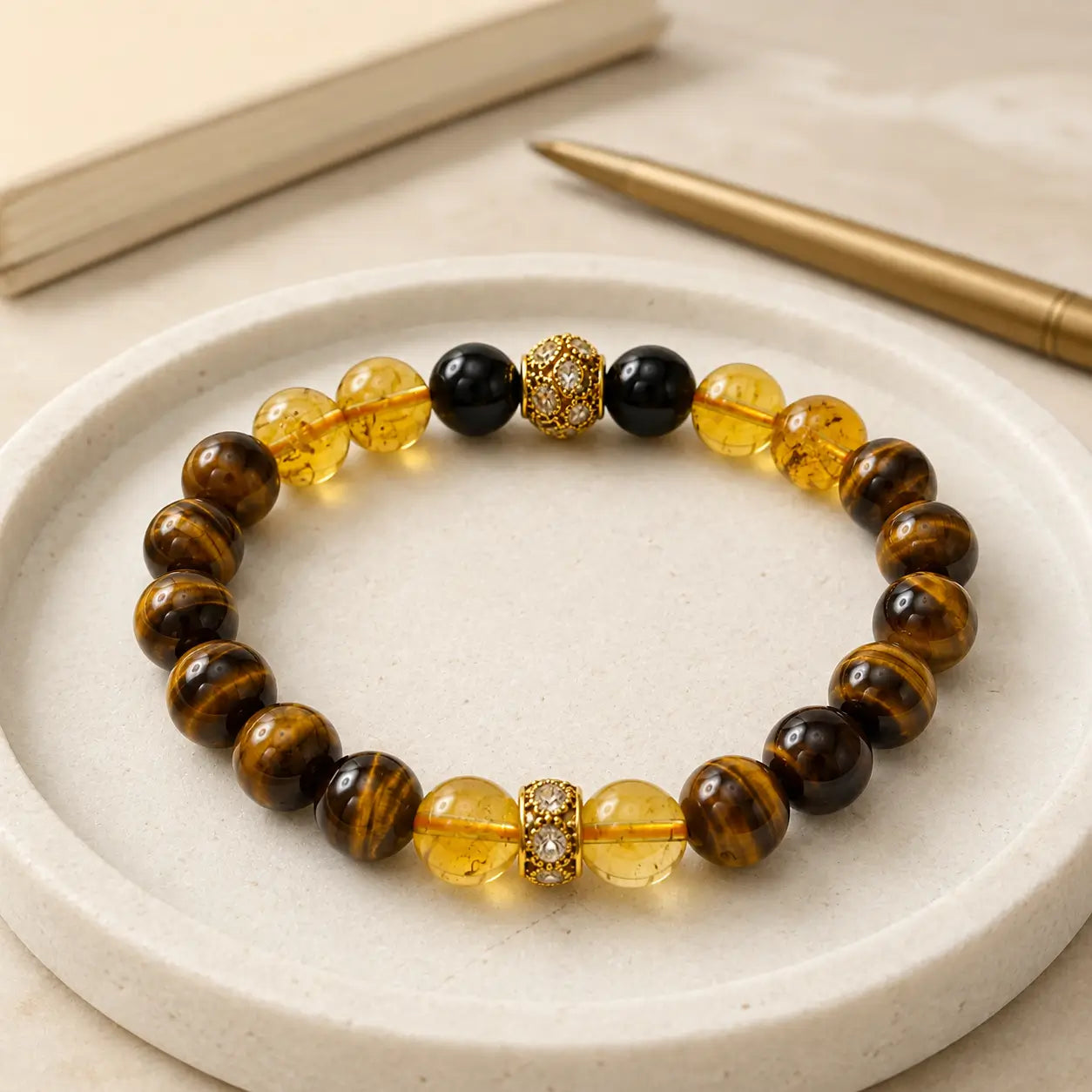 AURA Amulet Golden Momentum tiger eye stone bracelet with citrine and obsidian, a golden healer bracelet for success.