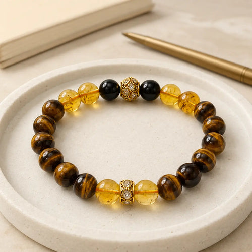 AURA Amulet Golden Momentum tiger eye stone bracelet with citrine and obsidian, a golden healer bracelet for success.