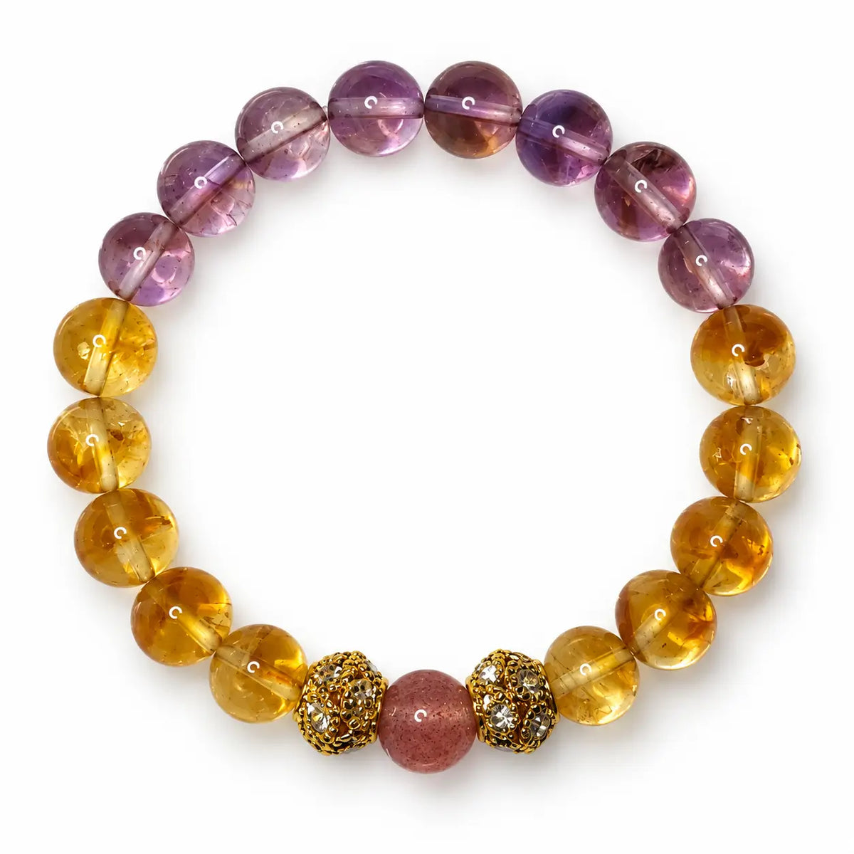 Round bracelet with yellow citrine, purple amethyst and a strawberry quartz center bead on a white background.