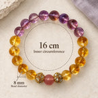 Citrine and amethyst bracelet size guide showing a 16 cm inner circumference and 8 mm bead diameter.