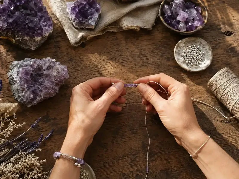 AURA Amulet artisan hands crafting amethyst bracelet with raw crystals, silver beads, and dried lavender.