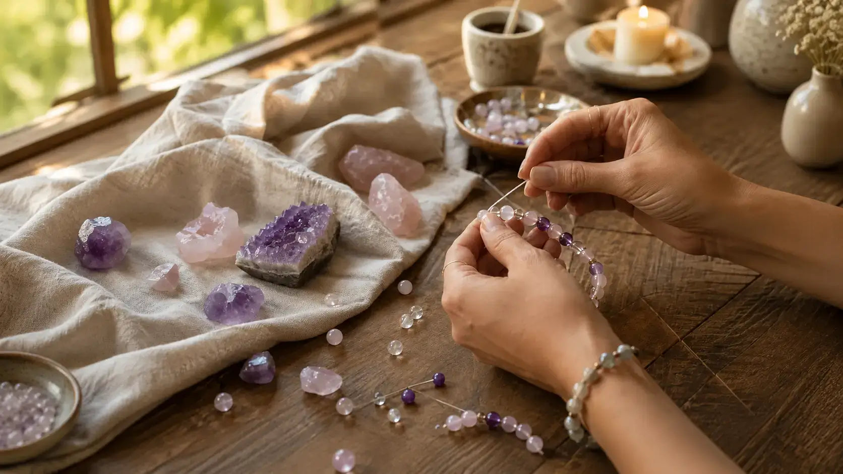AURA Amulet hands crafting a healing crystal bracelet with amethyst and rose quartz, showcasing the authentic brand story and artisanal heart.