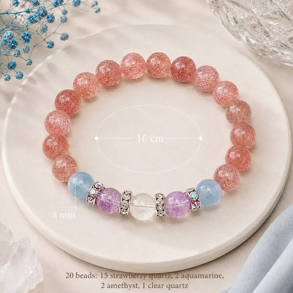 Strawberry quartz bracelet size guide showing 8 mm beads, 16 cm circumference and 20 gemstone beads