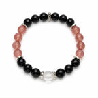 AURA Amulet protection bracelets for women with obsidian and strawberry quartz beads laid flat on white. 