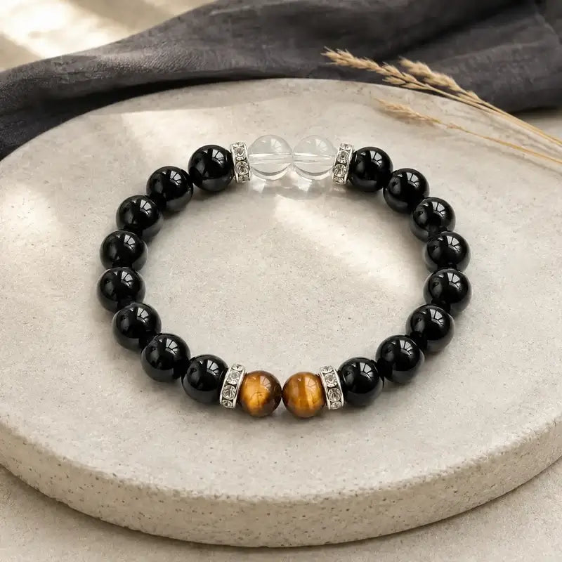 AURA Amulet black obsidian bracelet with tiger's eye and clear quartz, a negative energy protection bracelet on stone.