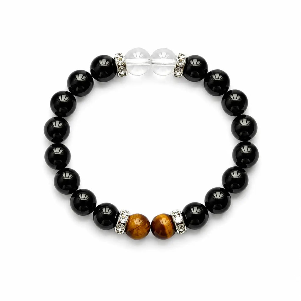AURA Amulet obsidian bracelet for protection with tiger's eye and quartz beads, laid flat for product clarity.