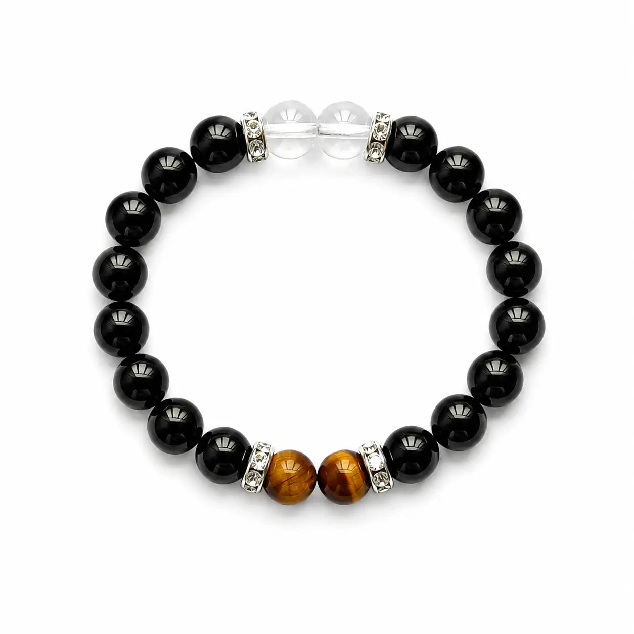 AURA Amulet obsidian bracelet for protection with tiger's eye and quartz beads, laid flat for product clarity.