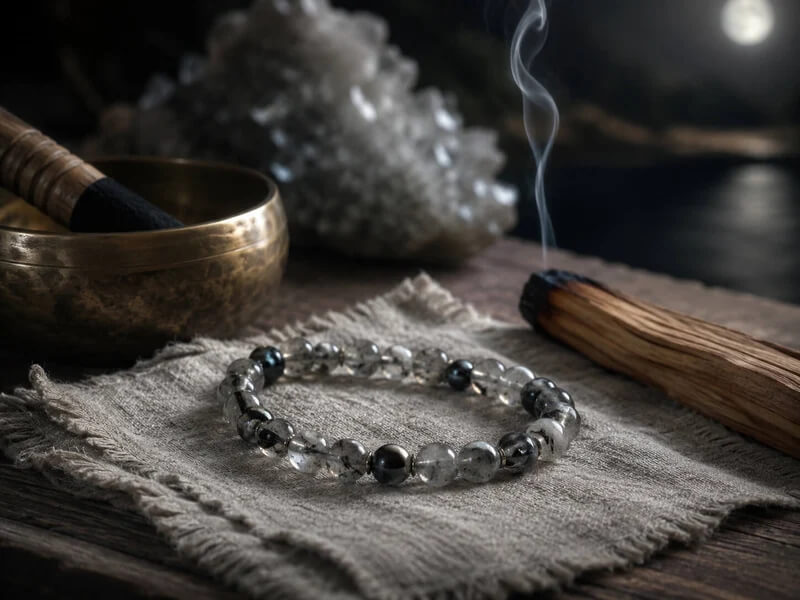 AURA Amulet spiritual bracelet with singing bowl and palo santo smoke for purification and protection energy.