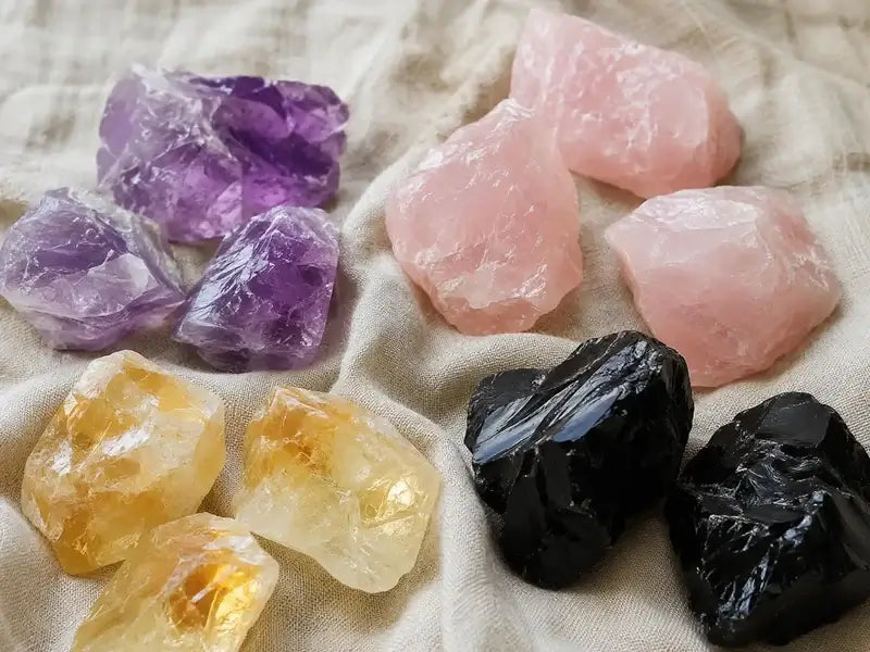 AURA Amulet raw amethyst, rose quartz, citrine, and obsidian crystals on linen showcasing natural origins.