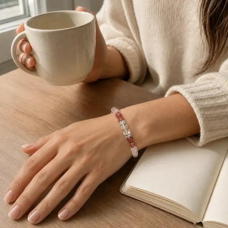 AURA Amulet rose quartz bracelets worn on wrist with coffee and journal, perfect daily self-care accessory.