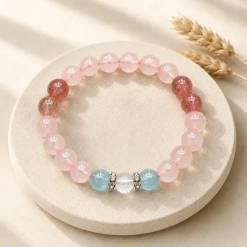 AURA Amulet rose quartz bracelet with strawberry crystal and aquamarine natural stone, crafted for love and attraction.