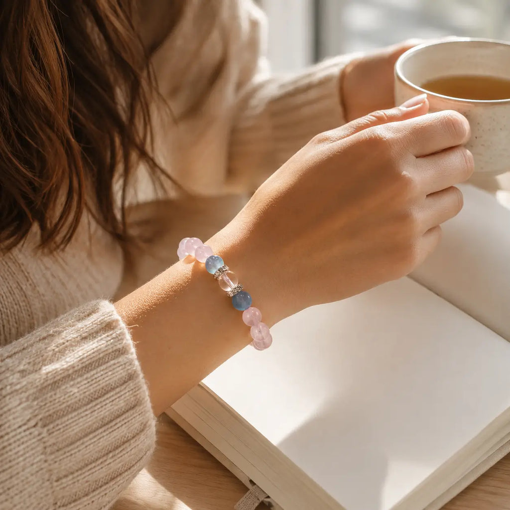 AURA Amulet rose quartz crystals for love on wrist with warm tea, perfect for daily self-care ritual. 
