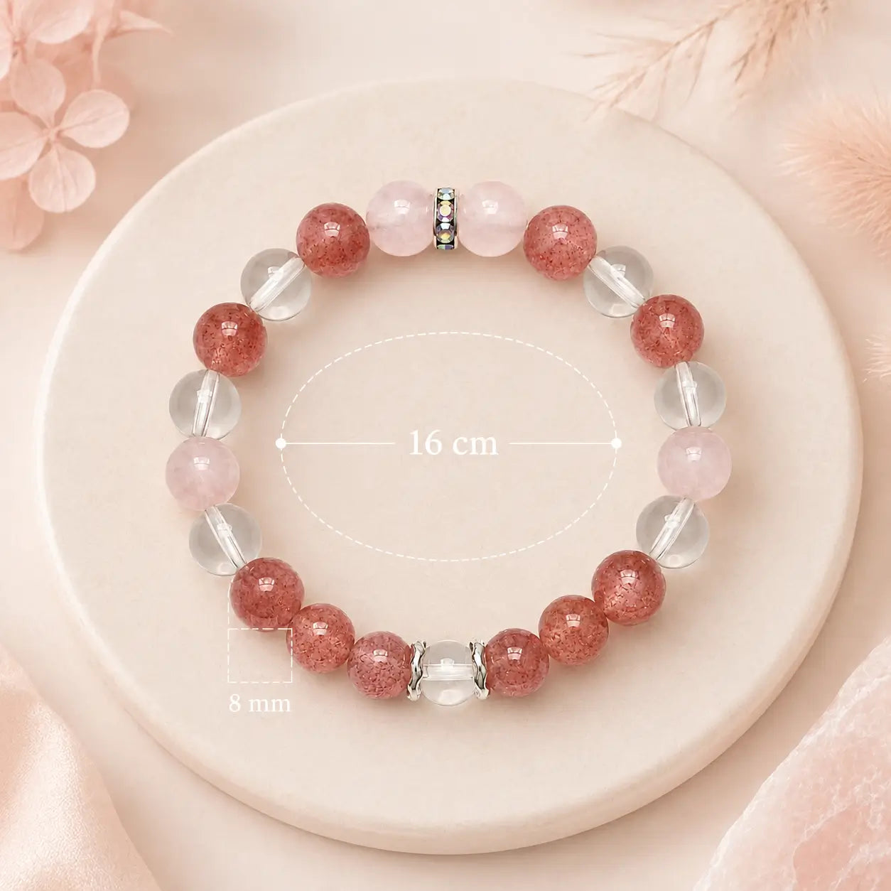 AURA Amulet self love bracelet size guide featuring 8mm beads and 16cm inner loop for perfect wrist fit.