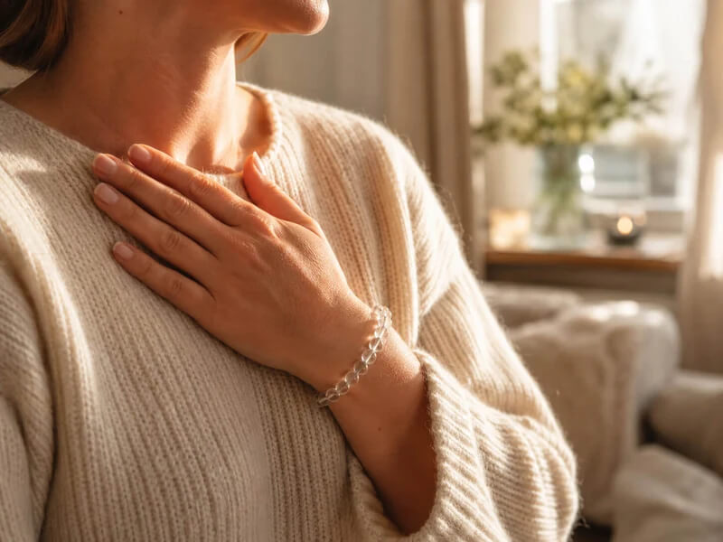 AURA Amulet clear quartz bracelet worn by woman with hand on heart, expressing emotional healing and self-love.