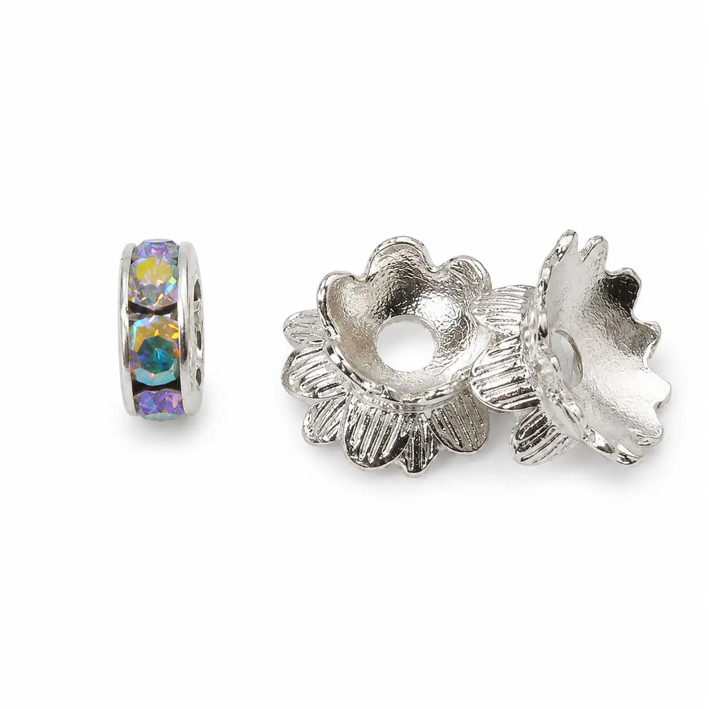 AURA Amulet silver flower spacer beads and iridescent ring, premium accessories for Strawberry crystal bracelet.