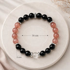 AURA Amulet obsidian and strawberry quartz bracelet size guide with 8mm beads and 16cm loop.