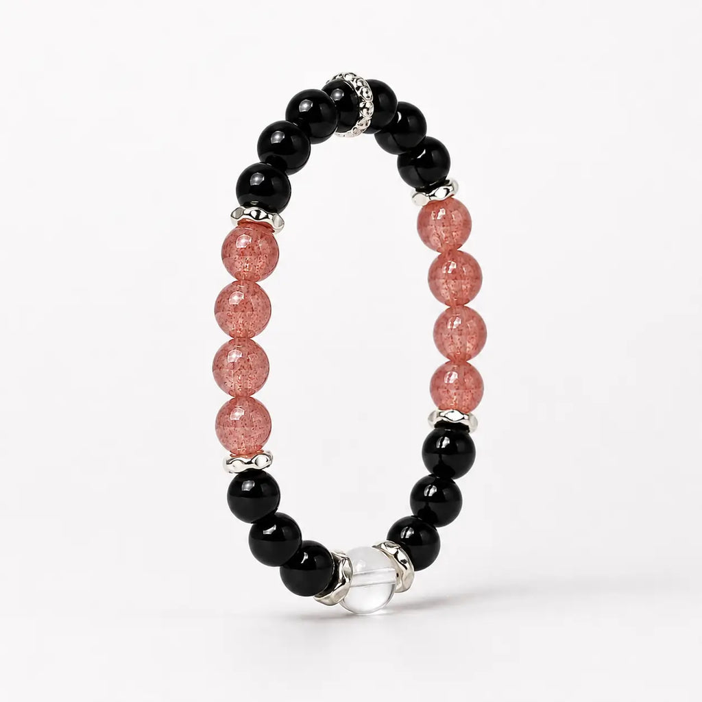 AURA Amulet angled obsidian crystal bracelet with white quartz and strawberry stone, a spiritual protection bracelet for women.