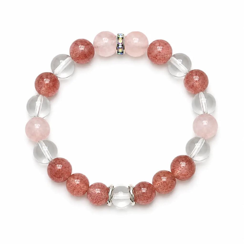 AURA Amulet Strawberry & Rose Quartz Self-Love Bracelet flat laid for product detail clarity. 
