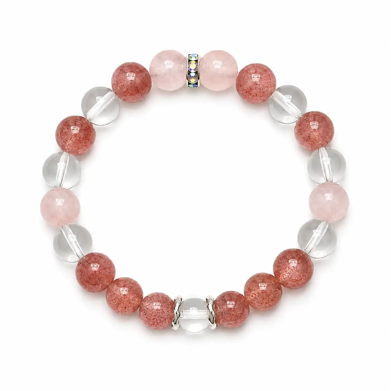 AURA Amulet Strawberry & Rose Quartz Self-Love Bracelet flat laid for product detail clarity. 